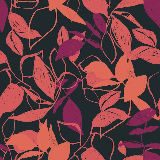 Foto patrón de flores repetitivo sin costuras dibujado a mano. hojas y ramitas incompletas en tonos burdeos y naranja