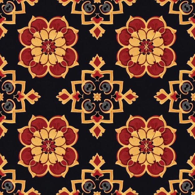 Patrón de flores rojas y amarillas vibrantes sobre un fondo negro