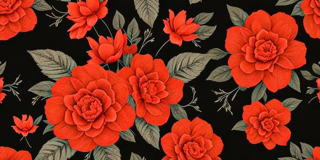 patrón de flores rojas sin costuras con fondo negro