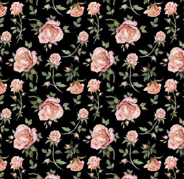 un patrón de flores con rosas rosas en un fondo negro