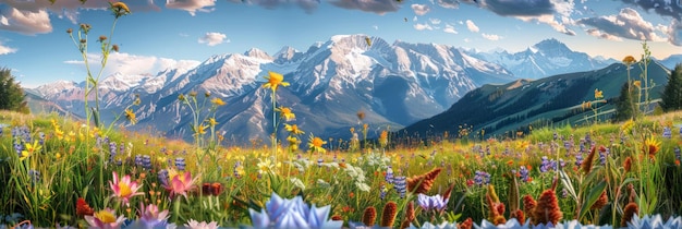 Patrón de flores silvestres en medio de montañas cubiertas de nieve IA generativa