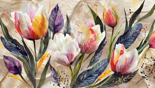 Patrón de flores con tulipanes acuarela pastel Ilustración copia de portada de subtítulos de ancho horizontal s