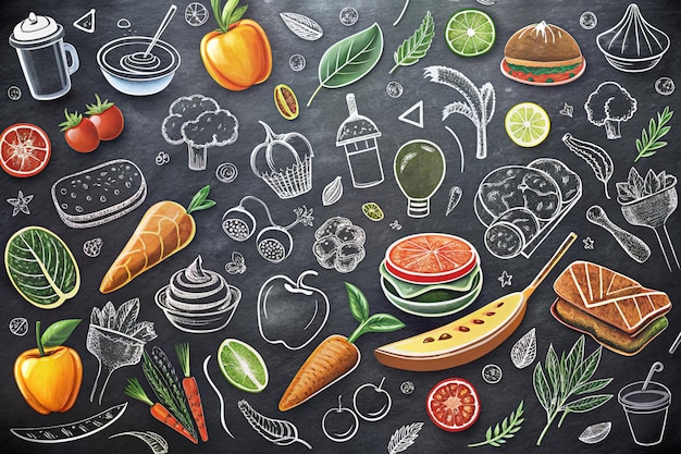 Patrón de fondo de alimentos y textura Iconos de líneas de alimentación saludable