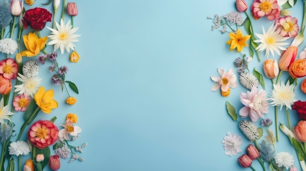 Patrón de fondo floral de primavera y papel tapiz Flatlay de corona de flores de almendro blanco sobre fondo de menta claro vista superior copia espacio ai generativo