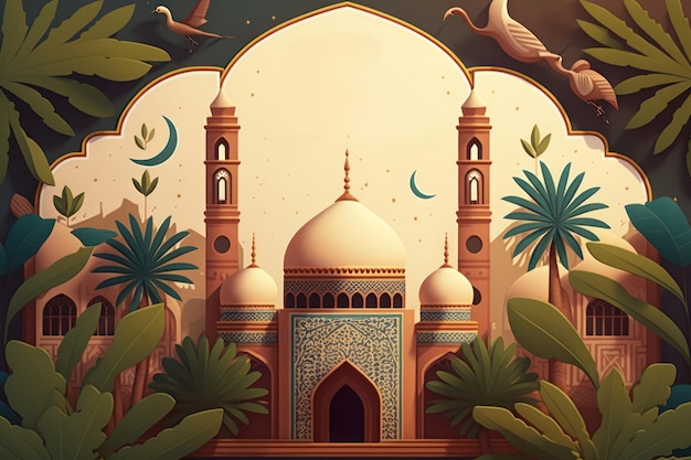 Patrón y fondo de mezquita de arquitectura árabe Ramadán Kareem Eid Mubarak Ilustraciones de vacaciones islámicas estilo artesanal de papel
