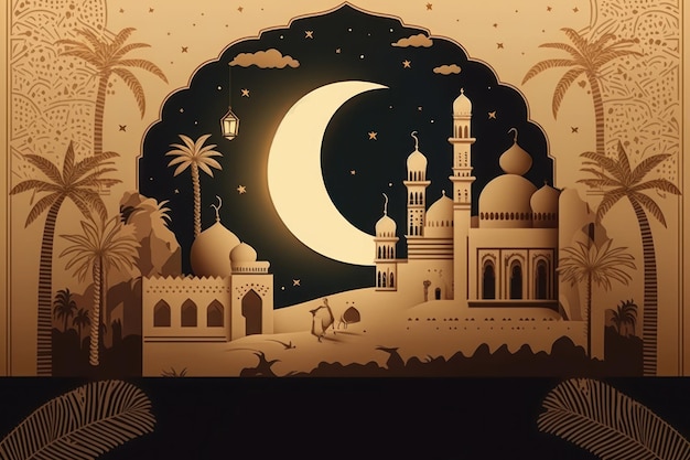 Patrón y fondo de mezquita de arquitectura árabe Ramadán Kareem Eid Mubarak Ilustraciones de vacaciones islámicas estilo artesanal de papel