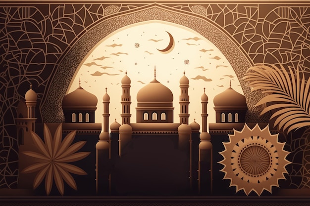 Patrón y fondo de mezquita de arquitectura árabe Ramadán Kareem Eid Mubarak Ilustraciones de vacaciones islámicas estilo artesanal de papel