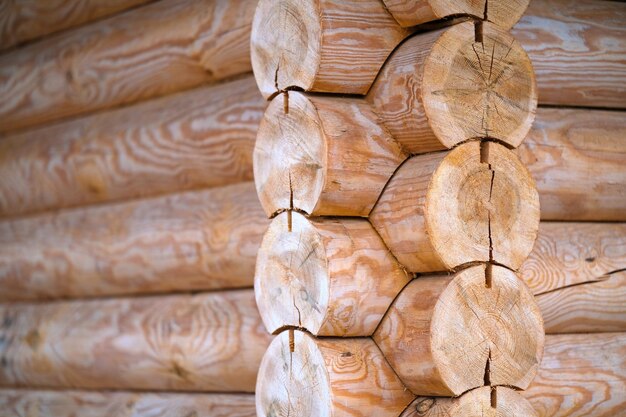 Foto patrón de fondo natural de la pared de troncos construcción de casas hechas de madera redondeada