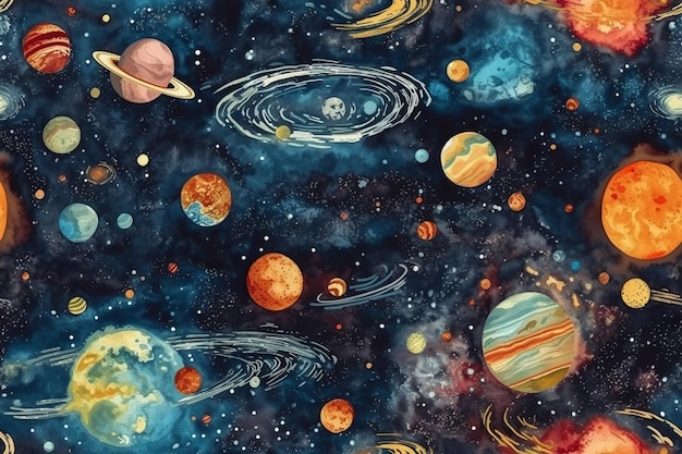 Patrón de fondo transparente con cosmos estrellas planetas Ilustración generativa de IA