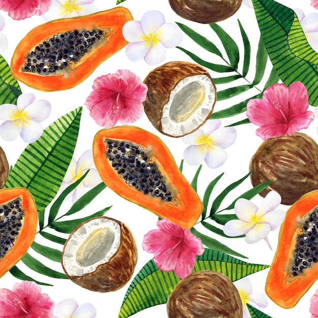 Patrón de fondo transparente tropical con hermosas hojas exóticas de acuarela papaya coco hibisco plumeria Ilustración botánica dibujada a mano Textura para embalaje de cosméticos textiles impresos