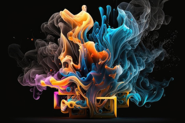 Patrón de forma geométrica abstracta con explosión de humo de colores sobre fondo negro