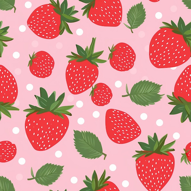 Patrón de fresas y corazones sin costuras en colores rosa y rojo.