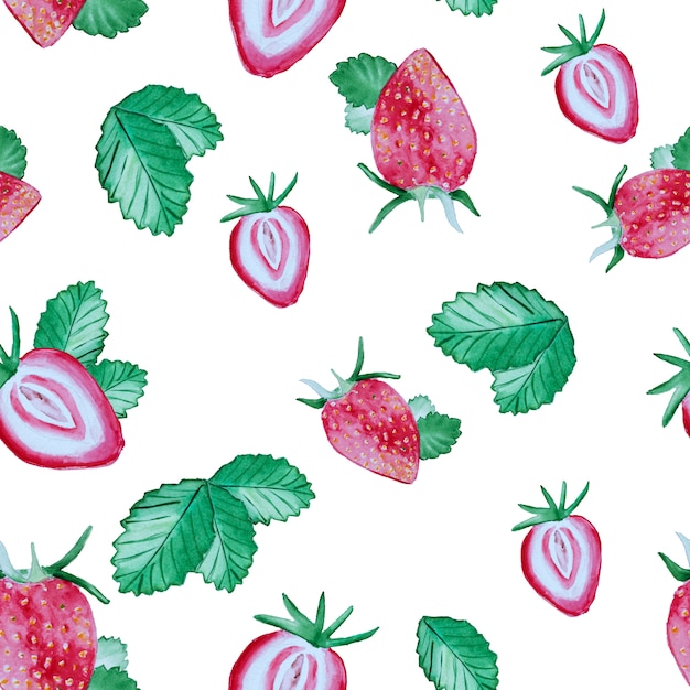 Patrón con fresas y hojas verdes