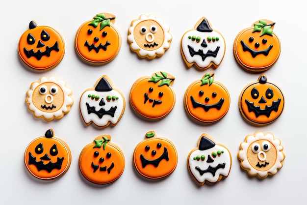 Foto patrón de galletas glaseadas divertidas de halloween sobre fondo blanco vista superior ai generativo