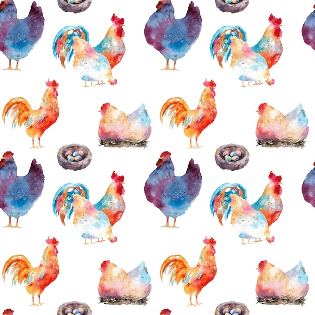 Patrón de gallos y gallinas Colección de acuarela de varios pollos y gallos