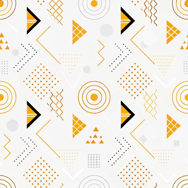 Patrón geométrico abstracto con círculos, líneas y formas en negro, amarillo y blanco