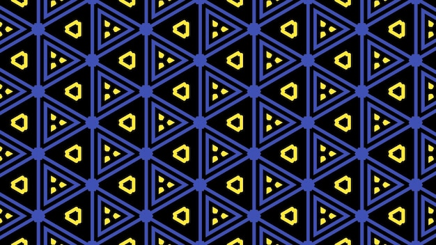 Un patrón geométrico azul y amarillo con triángulos y cuadrados amarillos.