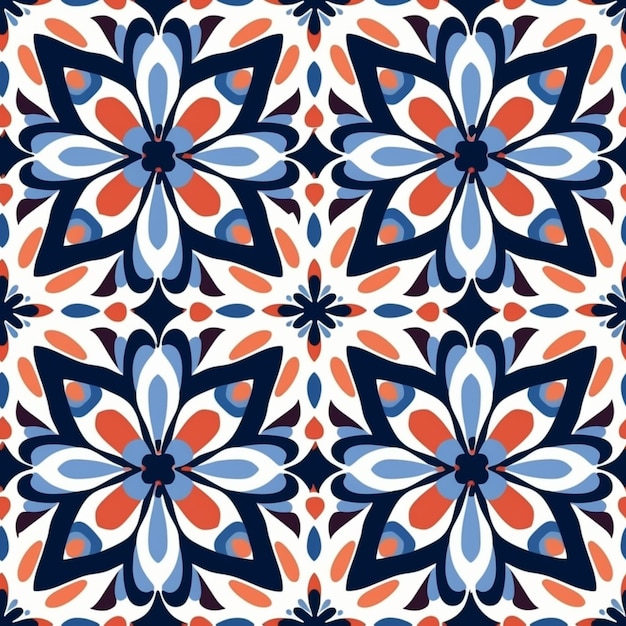un patrón geométrico azul y naranja con una flor ai generativo