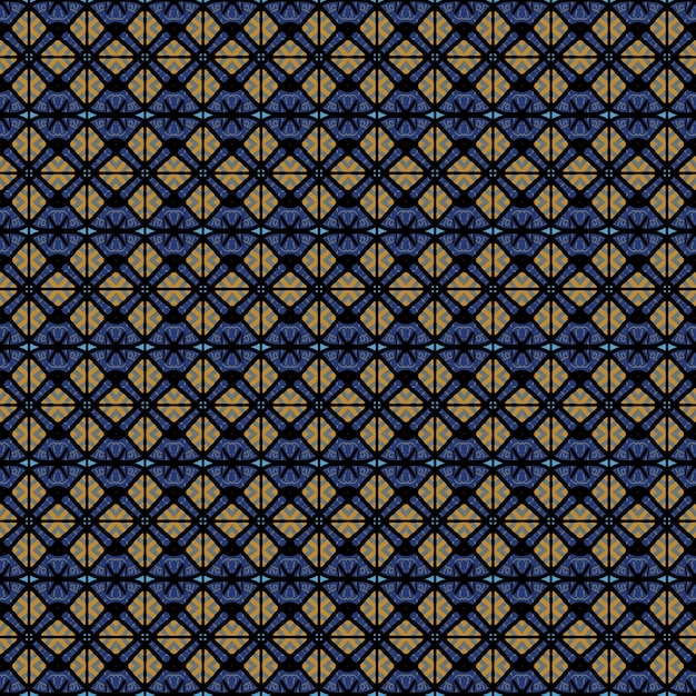 Patrón geométrico dorado y azul sobre un fondo azul oscuro.