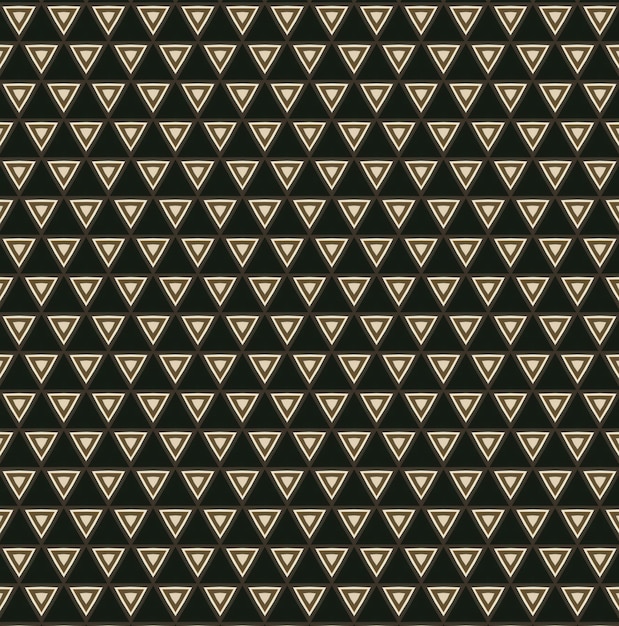 Patrón geométrico dorado y negro con triángulos sobre un fondo negro.