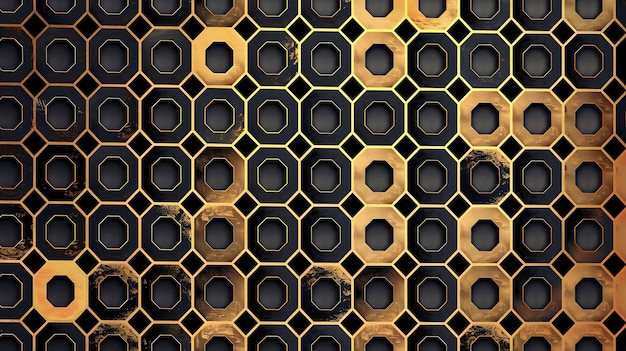 Patrón geométrico de octógonos negros con contornos dorados que crean un diseño elegante y moderno
