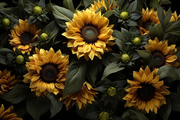 Un patrón de girasoles con hojas verdes sobre un fondo negro