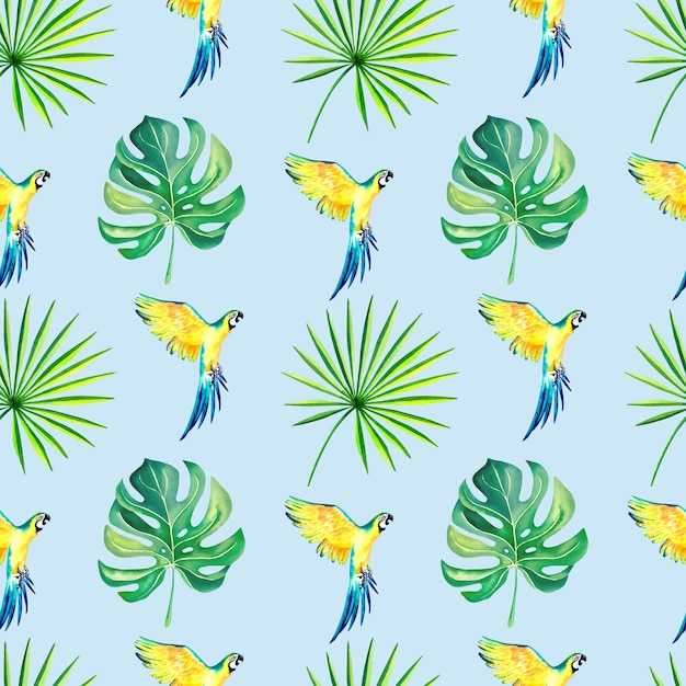 Un patrón de guacamayos loros monstera Collage tropical Animales de acuarela Aves exóticas Loro guacamayo verde amarillo Ilustración de acuarela