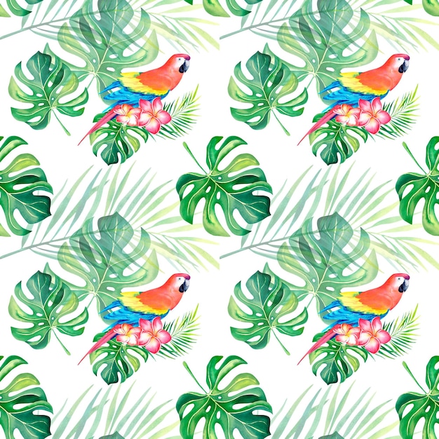 Un patrón de guacamayos loros monstera Collage tropical Animales de acuarela Loro guacamayo verde amarillo