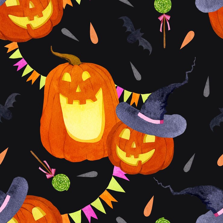 Patrón de Halloween de acuarela sin costuras con calabazas brillantes espeluznantes