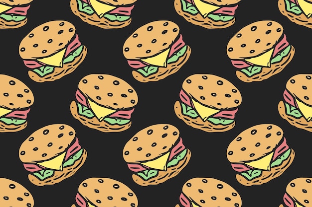 Patrón de hamburguesa sin costuras Fondo de hamburguese dibujado Ilustración vectorial de hamburger de Doodle