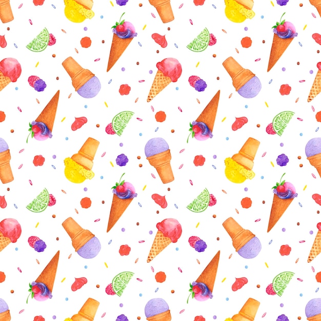 Patrón de helado de acuarela dibujado a mano y bayas aislado sobre fondo blanco Se puede utilizar para envolver telas textiles y otros productos impresos