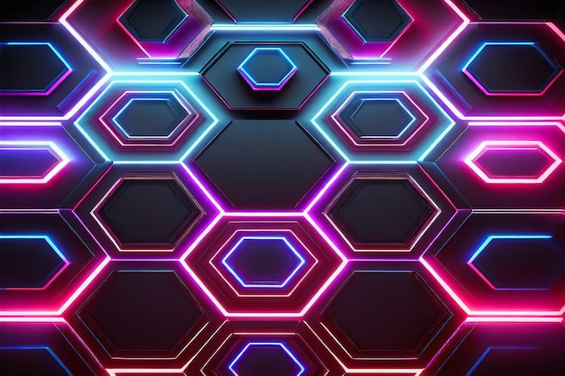 Foto patrón hexagonal con luces de neón en el fondo