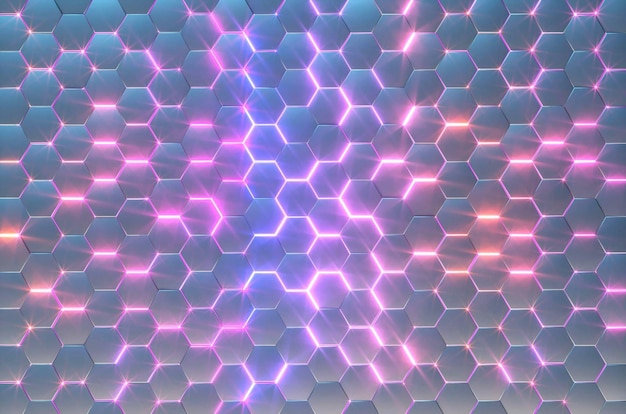 Un patrón hexagonal morado y azul con luces rosas y azules