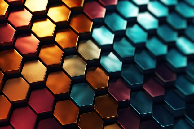 Patrón hexagonal vibrante e intrincado de fondo cercano electrónico digital