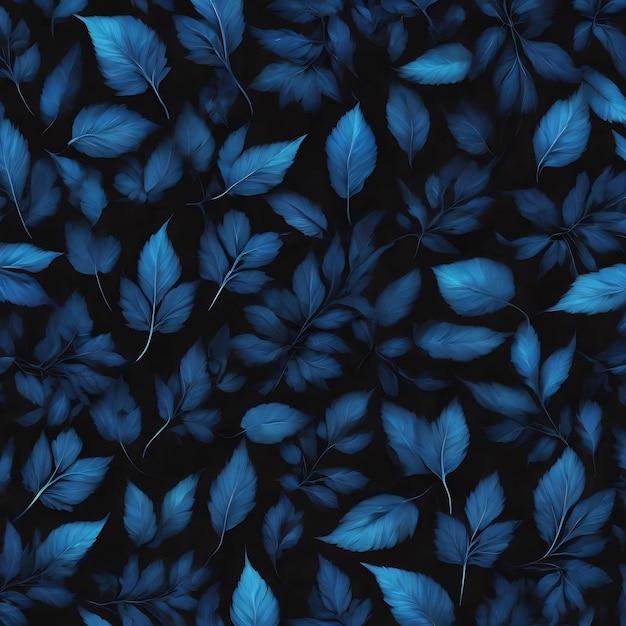 Patrón de hojas azules en un fondo negro generativo ai
