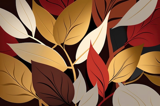 Patrón de hojas con colores dorado y rojo al estilo del rojo oscuro de la generación del ego posterior a los 70