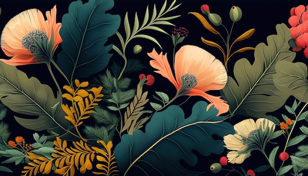 Patrón de hojas y flores sobre un fondo negro generado AI Ilustración para postal de diseño