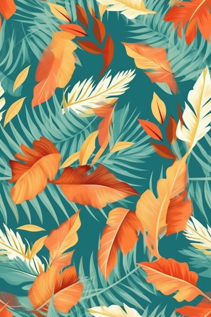 Un patrón de hojas y flores tropicales sobre un fondo azul generativo ai