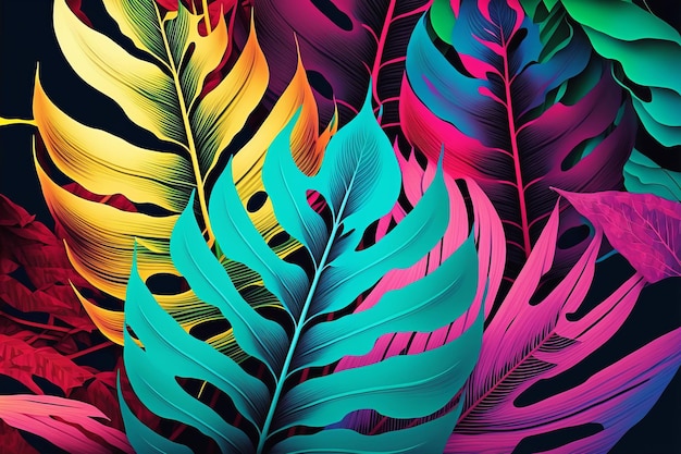 Patrón de hojas tropicales coloridas Ilustración generativa de IA