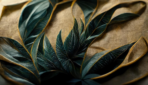 Patrón de hojas tropicales doradas y verdes en un primer plano de tela beige áspera Hojas de palma doradas negras Decoración exótica de material para coser Obras de arte 3d de estilo floral