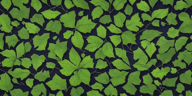 Un patrón con hojas verdes sobre un fondo oscuro.