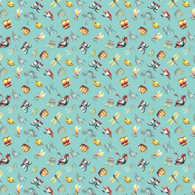 Patrón Ilustración de bebé en acuarela Patrón de bebé en acuarela con patitos botas paraguas y barcos