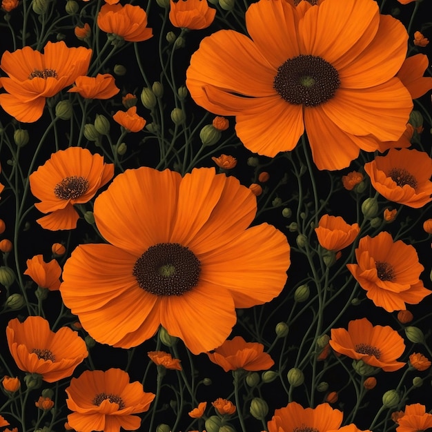 Patrón de ilustración de flores de cosmos naranja realista transparente