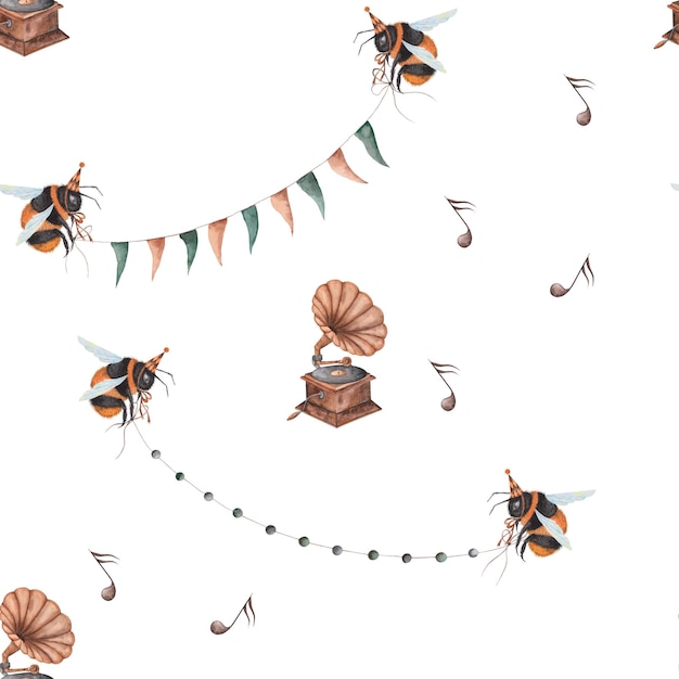 Un patrón impecable con abejas en una caja de música y una pancarta con las palabras volar sobre ella
