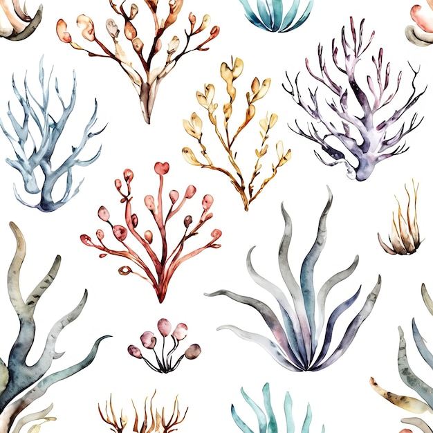 Un patrón impecable de algas marinas y algas en un estilo acuarela