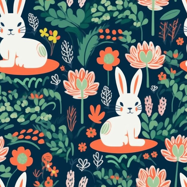 Un patrón impecable con conejos y flores.