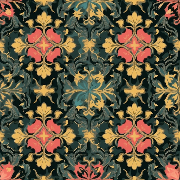 Un patrón impecable con elementos florales sobre un fondo oscuro.