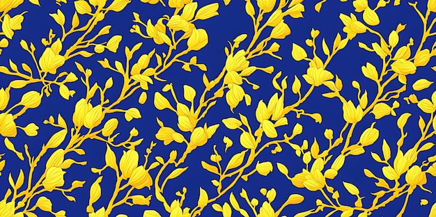 Un patrón impecable con flores amarillas y hojas sobre un fondo azul.