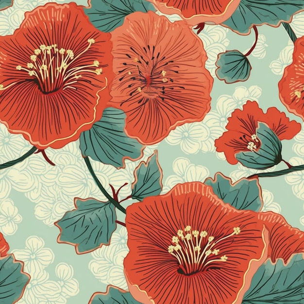 Un patrón impecable con flores y hojas de hibisco.