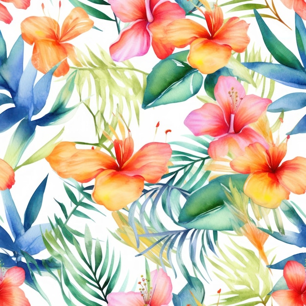 Un patrón impecable con flores tropicales y hojas pintadas en acuarela sobre un fondo blanco.